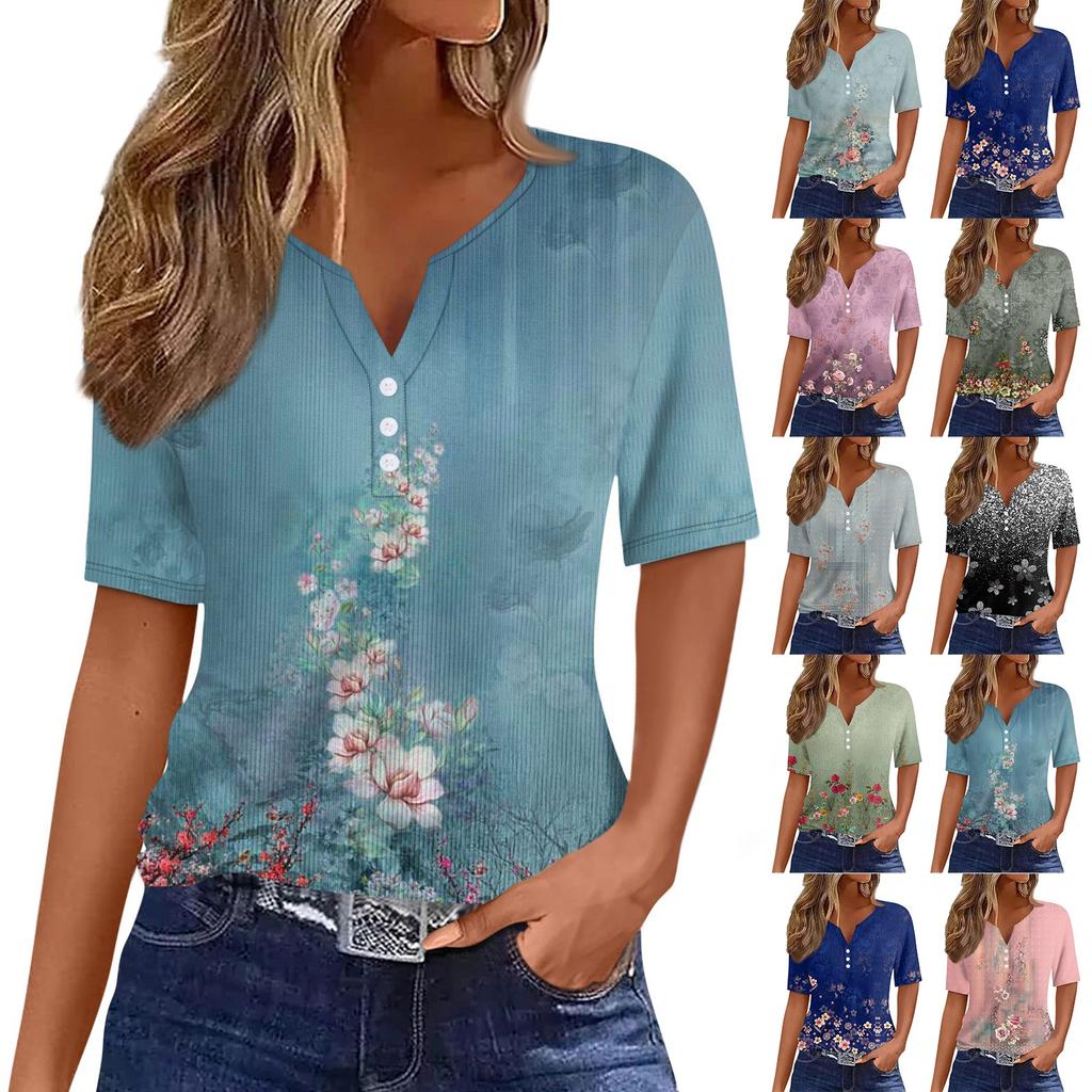 Women's T Shirt Tee Print Button Short Sleeve Tunic Daily Weekend Fashion Basic V- Neck Regular Top