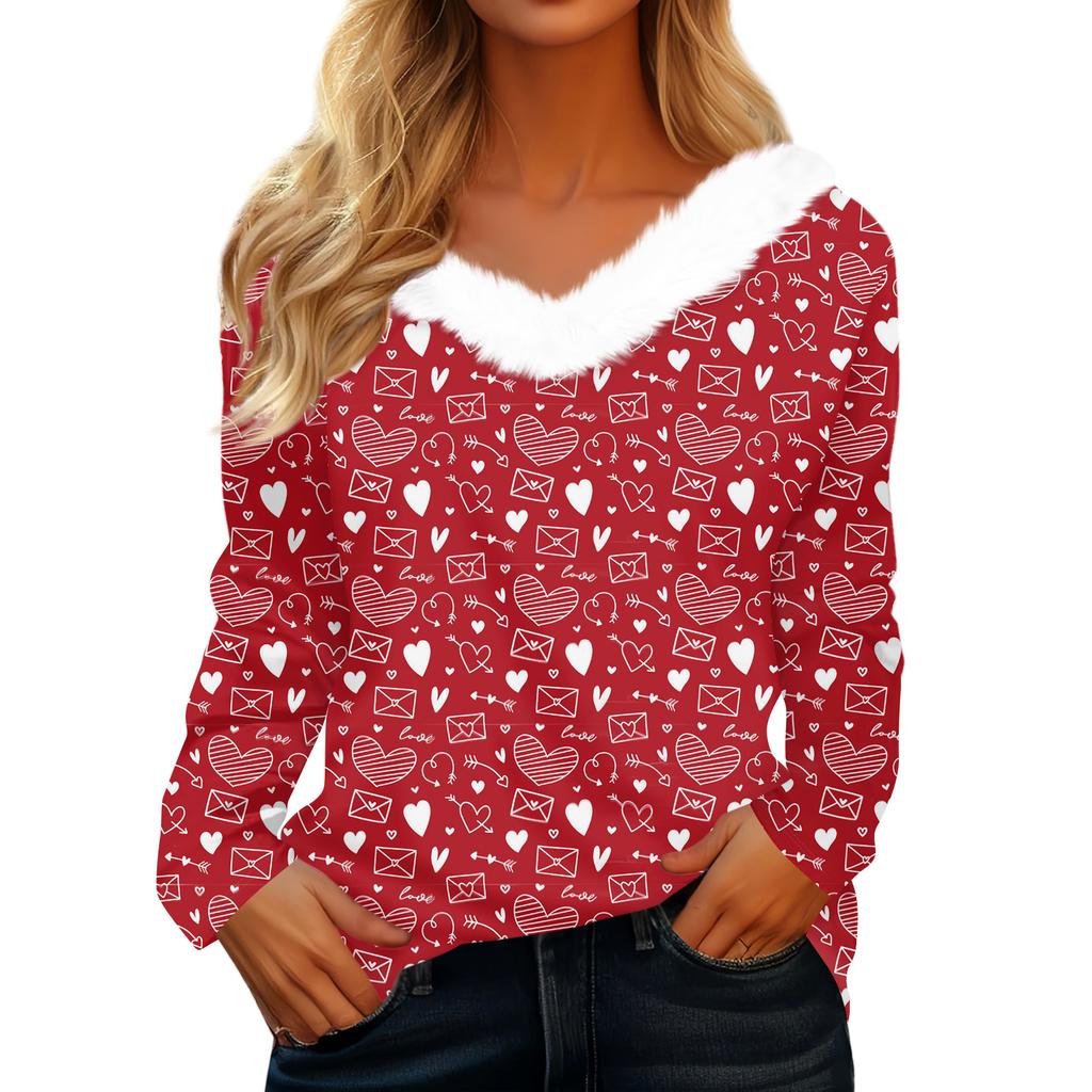 Women's Valentine's Day Printed Long-Sleeved Shirt, V-Neck, Casual Loose-Fitting T-Shirt Top