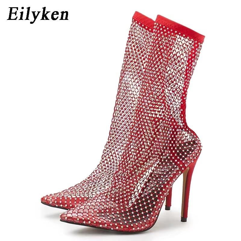 Fashion Eilyken Design Crystal Rhinestone Mesh Stretch Fabric Sock Boots Fashion PVC Transparent Pointed Toe Shoes Sexy High Heels