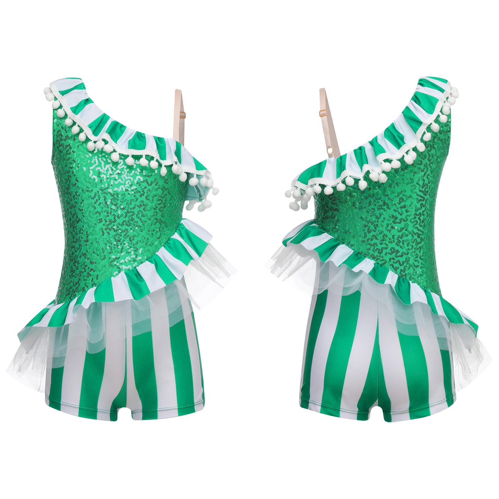 

Дівчата на одне плече Різдвяний танцювальний костюм Цукеркова тростина Смугастий танцювальний балетний комбінезон Леотар Танцювальний одяг Різдвяний фестиваль вечірній одяг 7-8 Years зелений