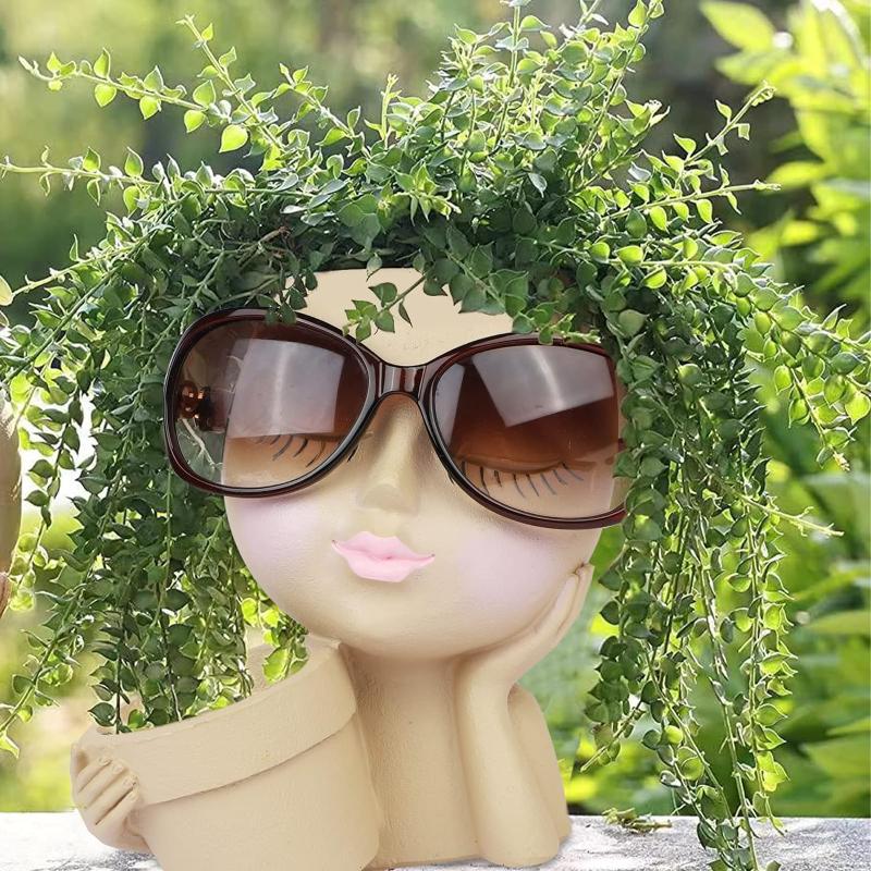 Girl Head Face Flowerpot White Resin DIY Figure Fleshiness Flower Pot with Leakage Hole Garden Pots & Planter Home Decoration