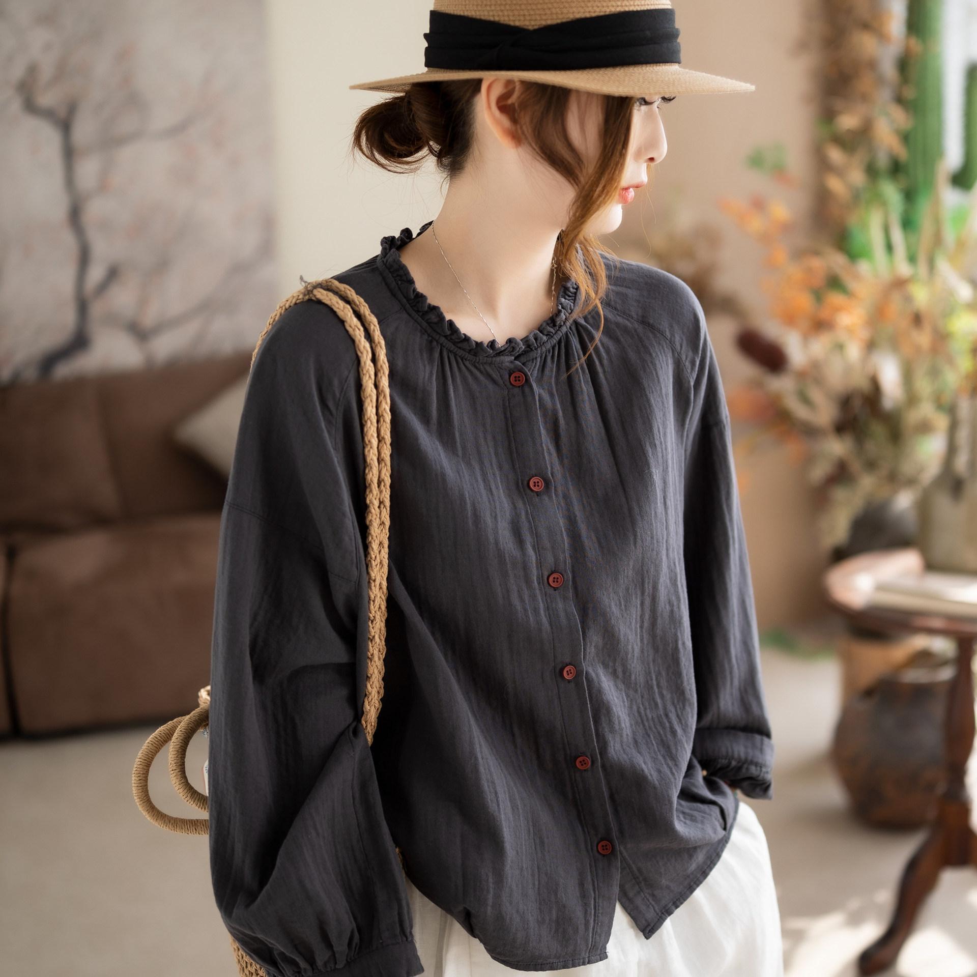 

Johnature Women Vintage Shirts Tops Spring Chinese Style Solid Color Button Blouses Soft Female Casual Shirt One Size серый