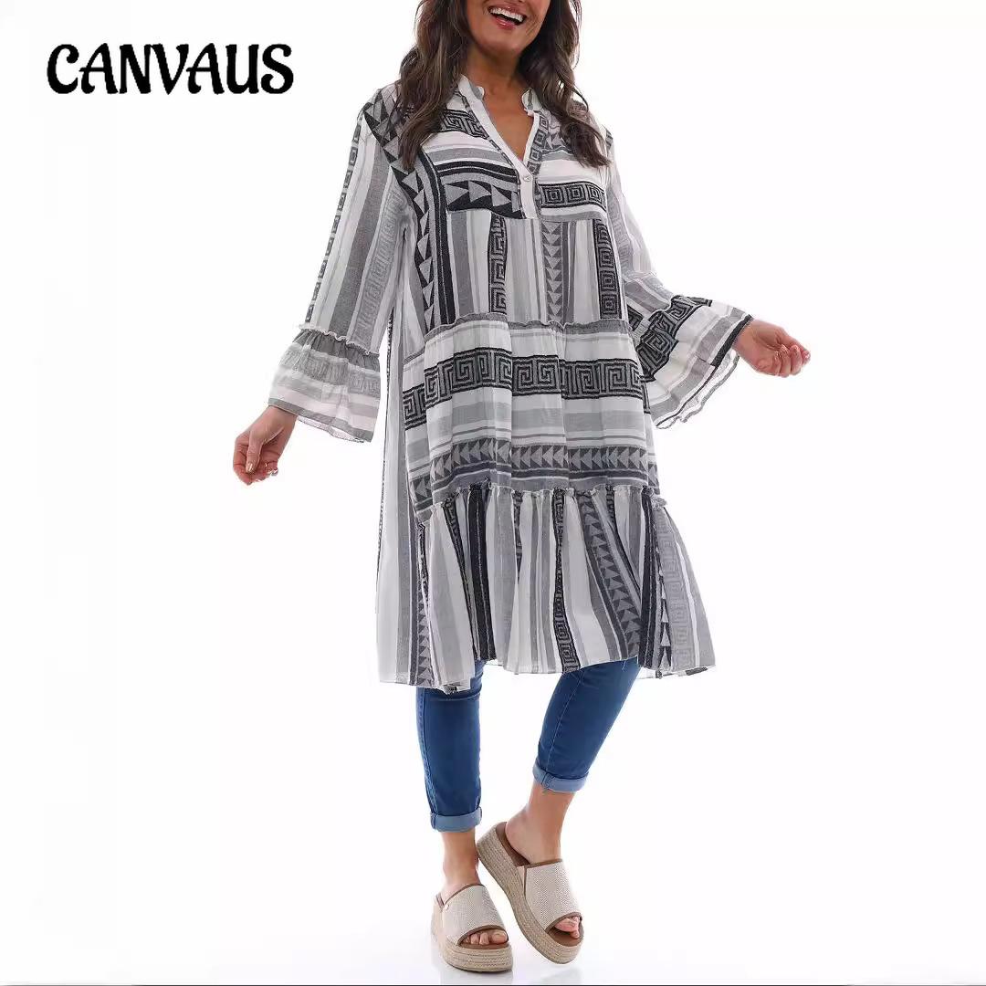 

Весенне-осеннее женское платье больших размеров с принтом, повседневные длинные платья с воротником-стойкой и пуговицами