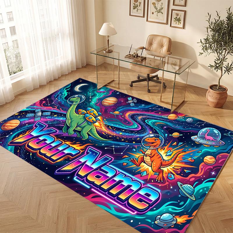 Dinosaur Theme Soft Crystal Velvet Rug Custom Name & Text Print Non Slip Floor Rug for Bedroom Living Room