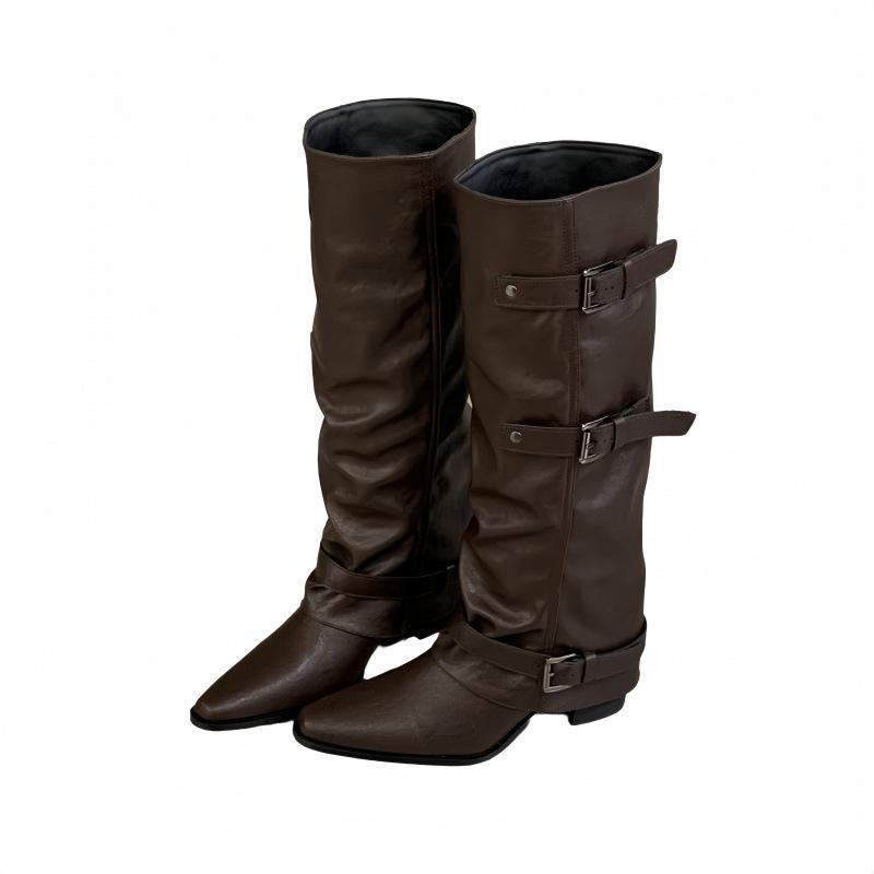 2025 Autumn and Winter New Fashion Versatile Small Square Head Belt Buckle Thick Heel Warehouse Tube Boots Cloth Knee High Boots