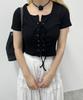 WEGO PHILLY Short Sleeve Compact Size Black T-Shirt, Lace-Up Top, Girly, Casual, Spring/Summer Clothes, Women's, F,