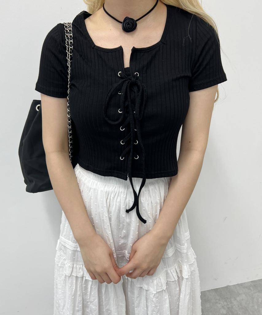 WEGO PHILLY Short Sleeve Compact Size Black T-Shirt, Lace-Up Top, Girly, Casual, Spring/Summer Clothes, Women's, F,