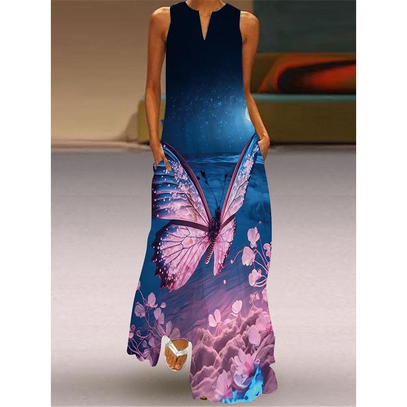 V Neck Sleeveless Dress 3D Print Fashion Elegant Pocket Dress Stage Show Travel Photography Beach Dress