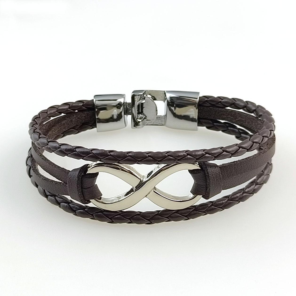 Винтажный плетеный браслет Панк-браслет с пуговицей Счастливая 8 Кожаный браслет Мужской кожаный браслет