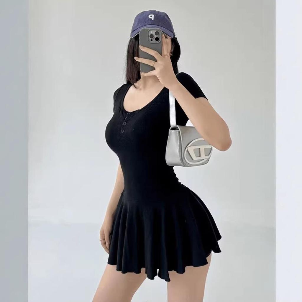 Gray Square Neck Short Sleeve Petite A-Line Mini Dress with Cinched Waist