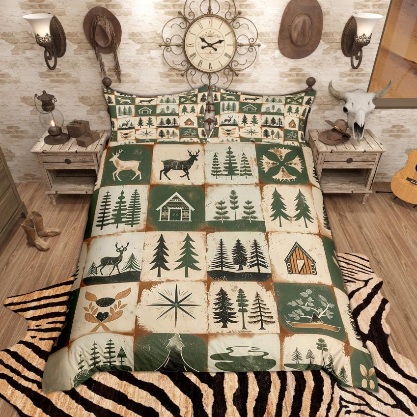 Homewish Rustic Farmhouse Duvet Cover Set, Bear Moose Deer Bedding Set, Retro Lodge Cabin Quilt Cover Set