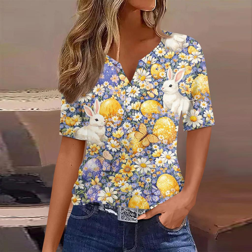 Tricou damă, tricou cu imprimeu, nasturi, mânecă scurtă, tunică, modă zilnică de weekend, top simplu cu decolteu în V, stil regulat