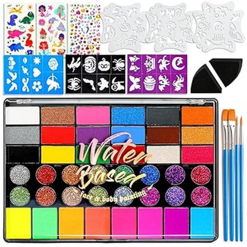 Party 42-Color Face Painting Kit Stencil Brush Gemstone Non-toxic Water-Active Palette 1 pcs