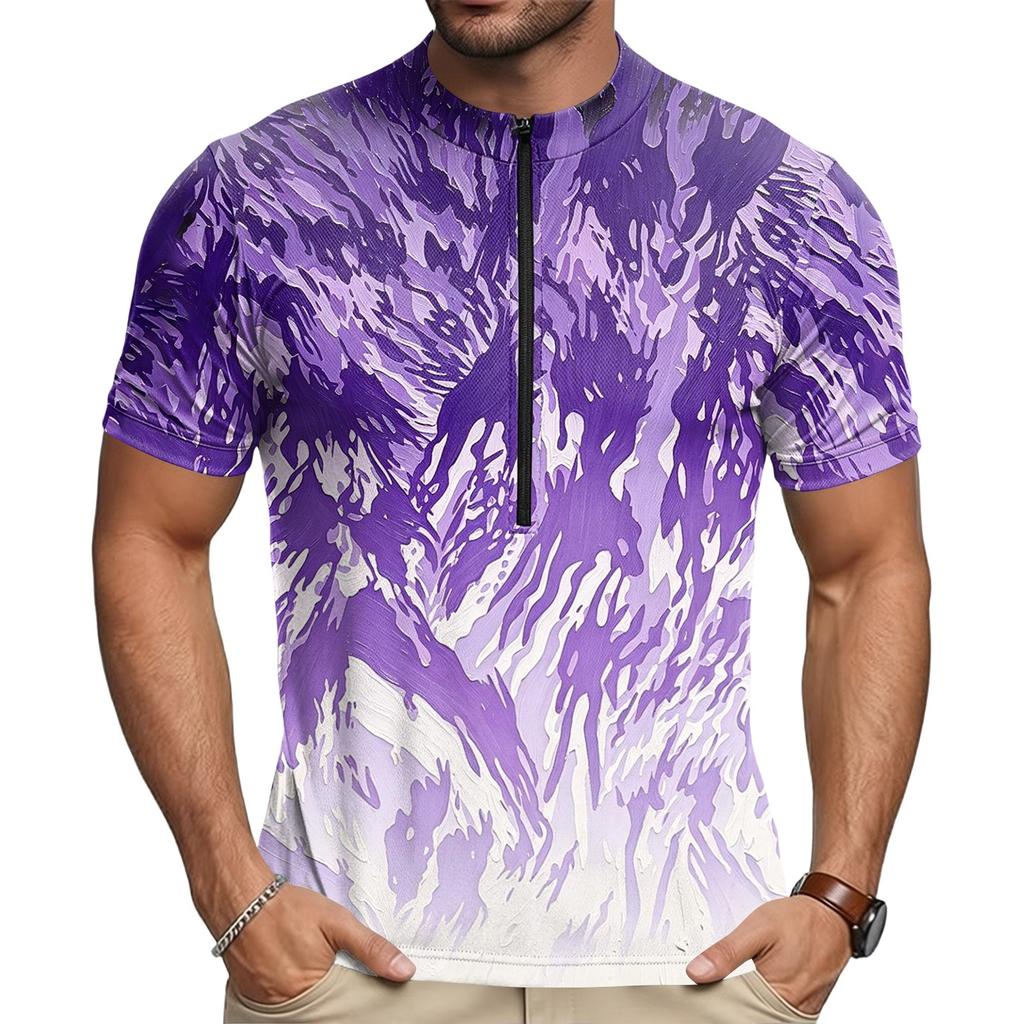 Men's Crew Neck Printed Cycling Jersey Short Sleeve Zip Front Breathable Quick Dry Sports Top for Outdoor Activities