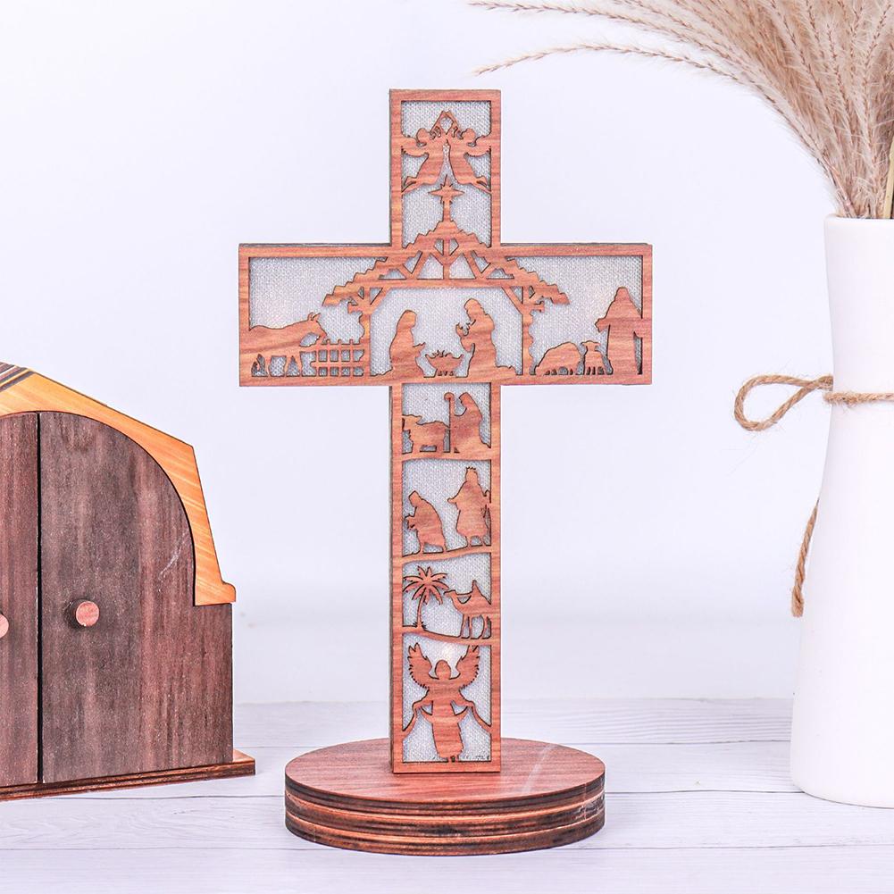 Nativity Scene Figurine Wood Stand Book Bible With LED Light Wooden Xmas Creative Art Craft Christmas Atmosphere Decoration