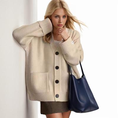 Sonbahar Kadın Kazak Örgü Temel Moda Hırka Uzun Kollu Bol Günlük Gösteri İnce Palto