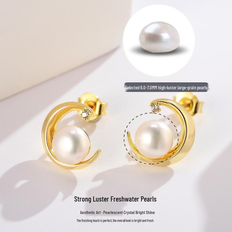 Ins Style Freshwater Pearl Star & Moon Sterling Silver Earrings for Women