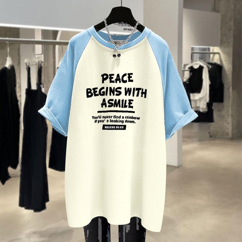 Contrasting Medium-length New Summer Casual Letters Large Version Loose Rag-sleeved Short-sleeved T-shirt for Women