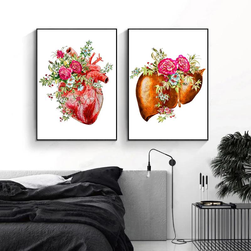 Flower Brain Heart Skull Organ Anatomy Wall Art Canvas Painting Medical Posters and Prints for Doctors Offices Hospitals Decor