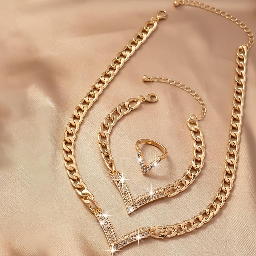 Ring + Bracelet + Necklace Stylish Jewelry Set Sparkling V + Chain Design Match Daily Outfits Party Accessories Perfect Decor Fashion Trends Followers
