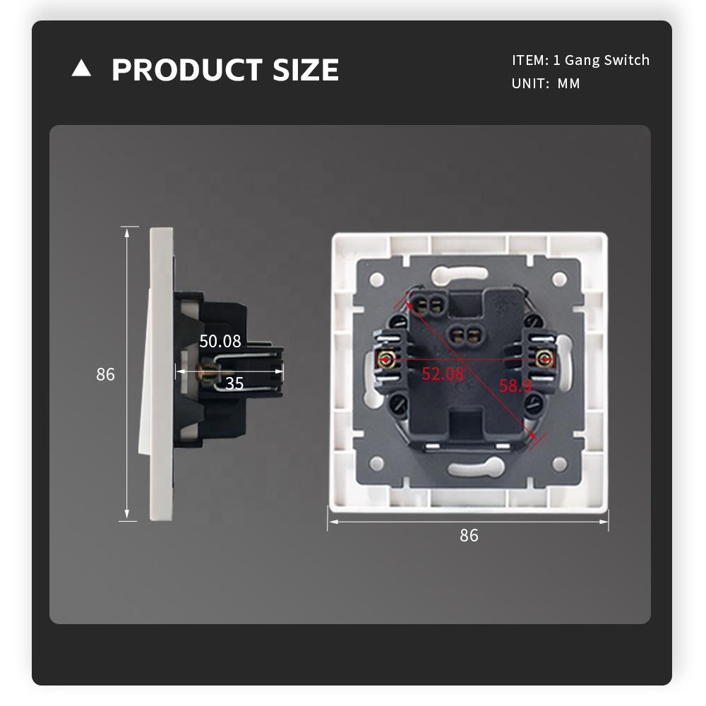 China New Model European Standard White / Black / Gold Flame Retardant PC Plate 1 Gang 1 Way 2 Way Modern Wall Light Switch