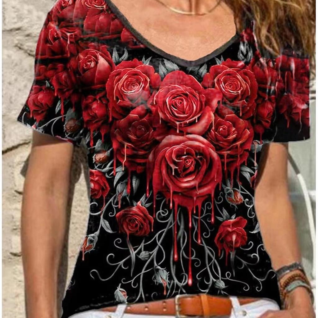 Camisetas de Mujer de Verano con Cuello en V y Estampado de Flores 3D, Modernas y Casuales de Manga Corta