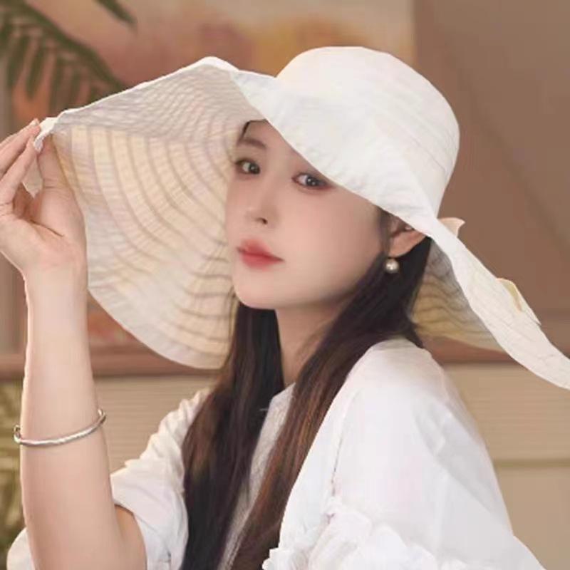 Women's foldable sun hat face protection bucket hat bow big eaves outdoor sun hat adult versatile