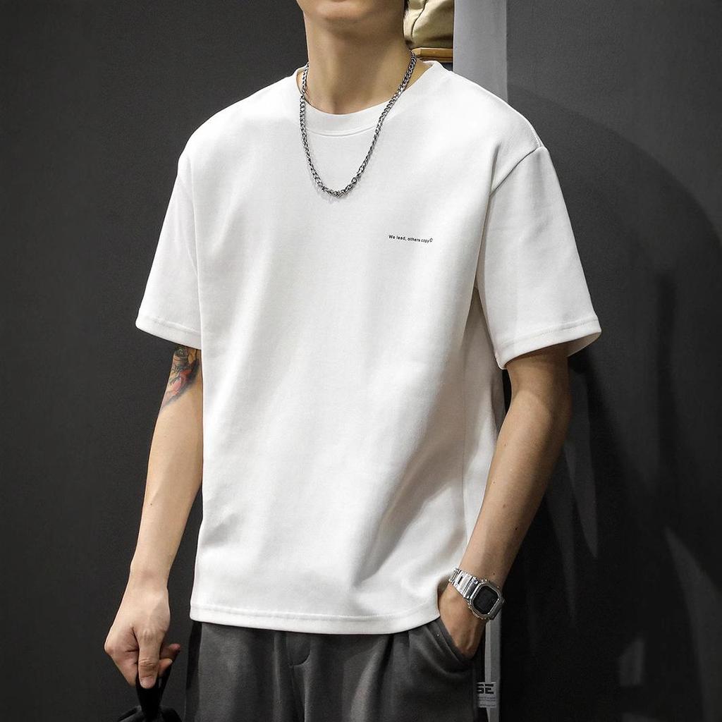 2025 Men's Summer Heavyweight Drop Shoulder T-Shirt - Trendy American Style Casual Solid Color Half Sleeve Top
