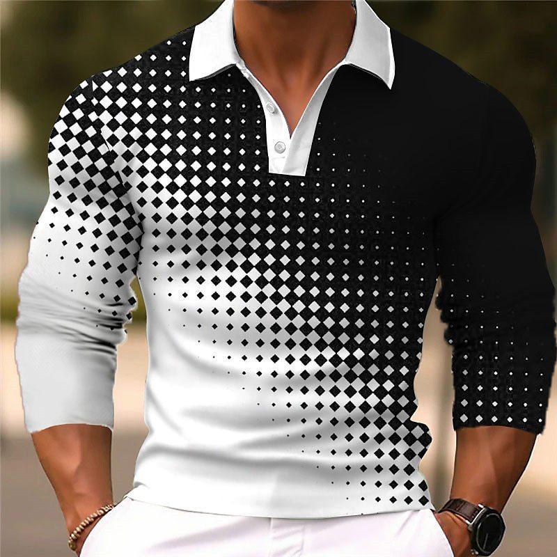 Men's Casual Gradient Button Up Long Sleeve Polo Shirt Fashion Sweatshirt