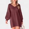 2026 Autumn/Winter V-neck Puff Sleeve Knit Sweater Dress - Women's Casual Solid Color Style