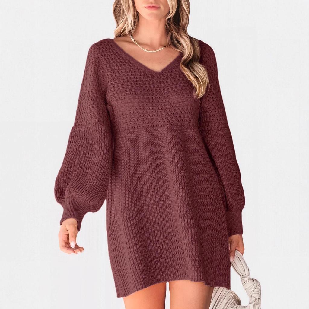 2026 Autumn/Winter V-neck Puff Sleeve Knit Sweater Dress - Women's Casual Solid Color Style