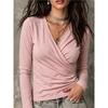 2026 Autumn Women's Cross V-neck Pleated Long Sleeve Casual T-shirt