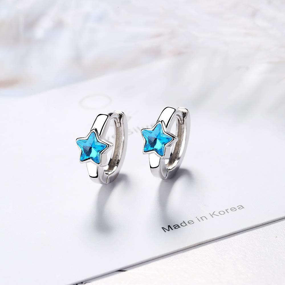 Blue Five-Pointed Star Crystal Earrings - Korean Style, Unique Copper Design