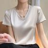 Seidensatin Frühling und Sommer Damen Kurz Locker V-Ausschnitt Einfarbig Temperament Einfach Innen Kurzärmliges T-Shirt