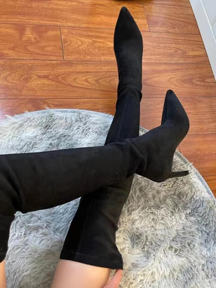 Mode Wintermode Elastische Slim Damen Überknie-Stiefel Quadratische Hohe Absätze Oberschenkelhoch Sockenstiefeletten botas de inverno feminina