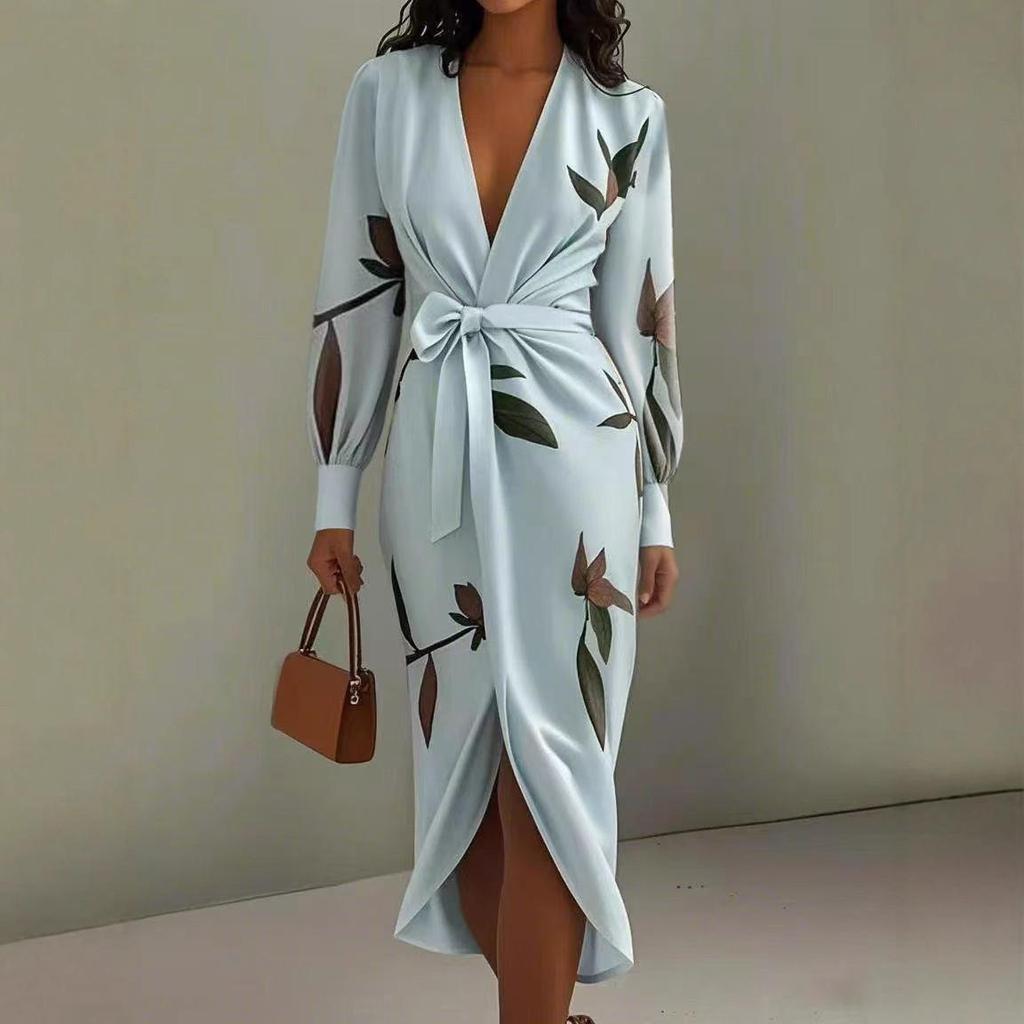 2025 European & American Women's V-neck Long Sleeve Lace-up Print Long Dress