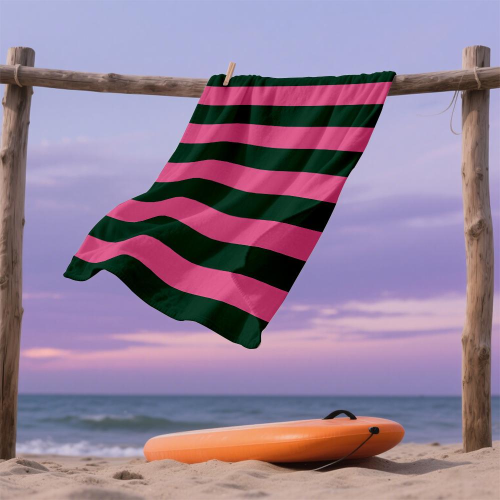 Retro Pink & Green Stripes Oversized Microfiber Beach Towel Sand Proof Quick Dry, Absorbent for Swimming Pool Travel Camping