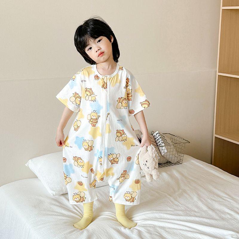 Lightweight Pure Cotton Short Sleeve Baby Sleeping Bag - Anti-kick, Breathable One-piece Pajamas & Crawling Romper for Home Wear