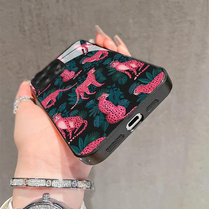 Pink Leopard Print Tempered Glass Phone Case For iPhone 16 15 14 13 12 11 17 Pro Max 17 Air 16E 7 Plus XR XS X Shockproof Cover