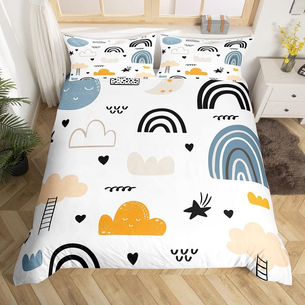 Lovely Rainbow Duvet Cover Sun Crown Cloud Rain Bedding Set Stick Figure Art Comforter Cover Kids Bedroom Polyester Quilt Cover
