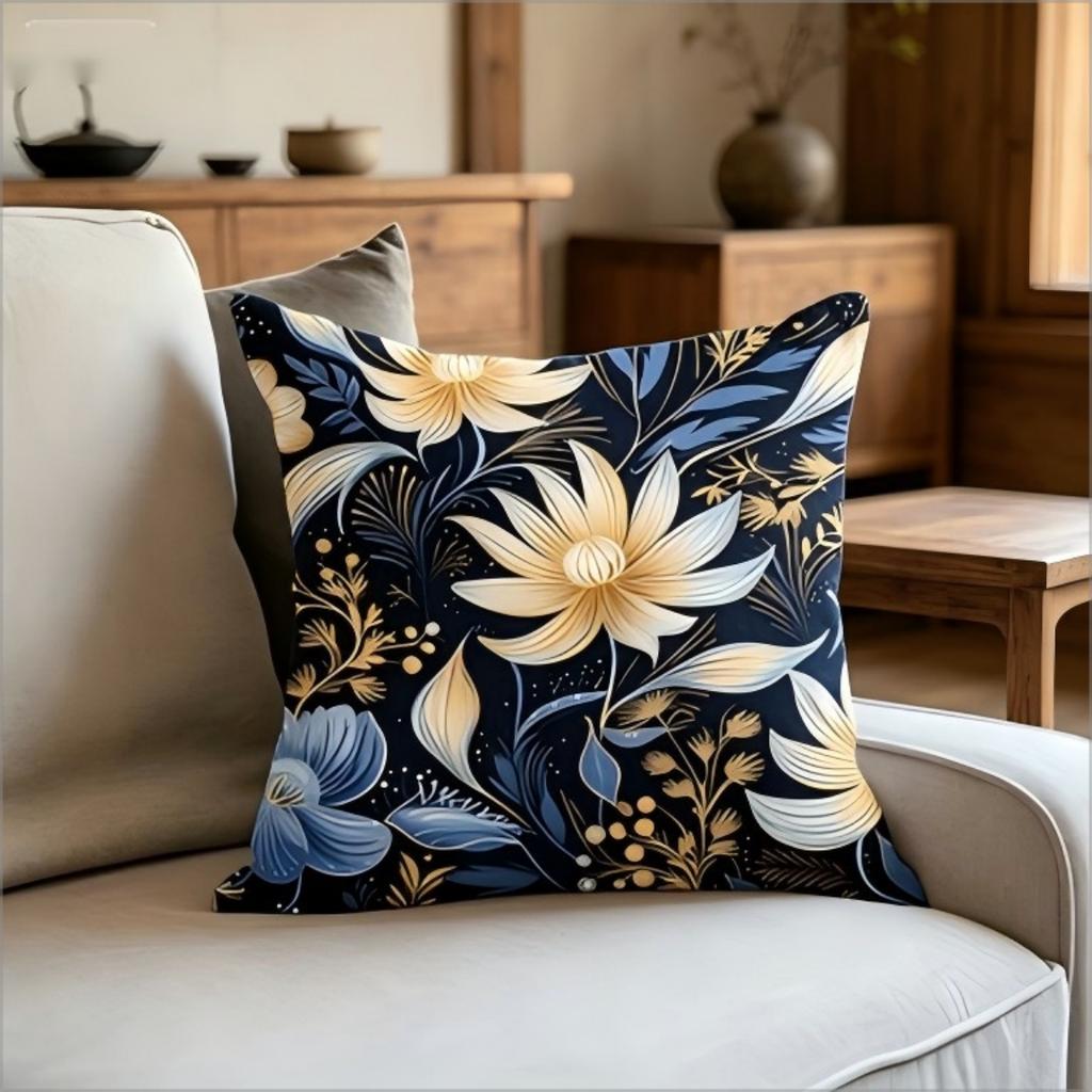 Blue Gold Floral Throw Pillow Cover Elegant Botanical Print Decorative Cushion Cover For Glam Living Room Bedroom Home Decor