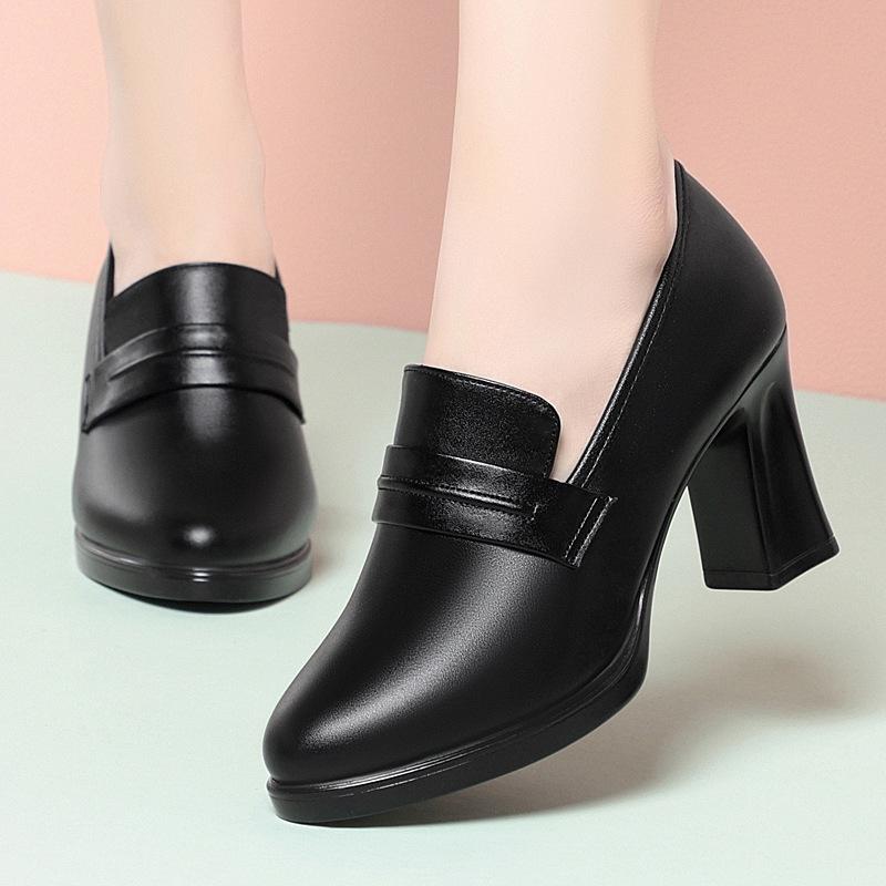 High heels women's spring and autumn new single shoes waterproof table women's leather shoes work shoes black loafers