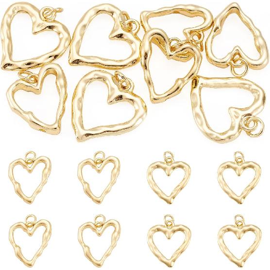 FASHEWELRY 8Pcs 18K Gold Plated Heart Charms Golden Brass Heart Pendants Hollow Heart Dangle Bezel Charms for Valentine's Day DIY Earring Necklace