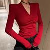 Pleated V-Neck Eucalyptus Women's Base Layer Shirt - Autumn/Winter 2026, Pure Desire Style, Long-Sleeved, Slim-Fit Top