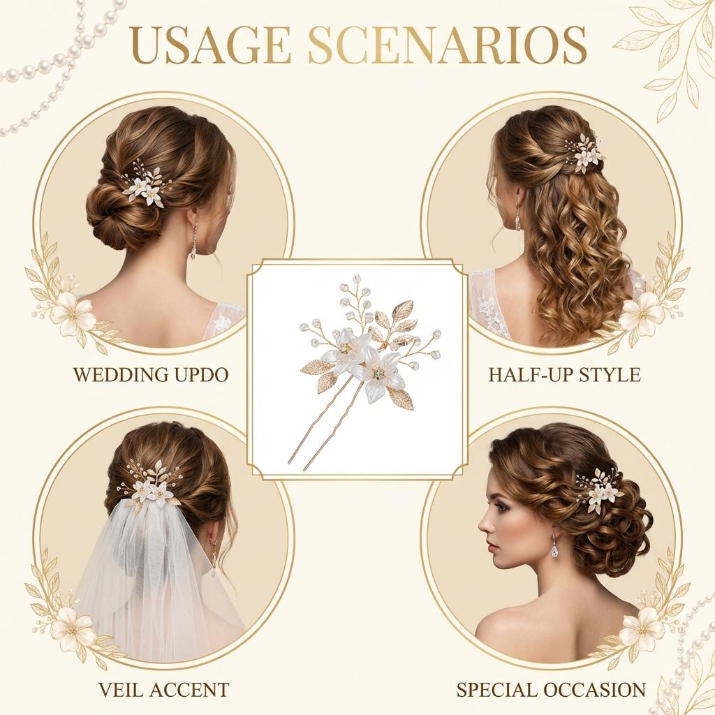 Bridal Wedding Hairpin White Flower Leaf Design Crystal U Pin For Elegant Hairstyles