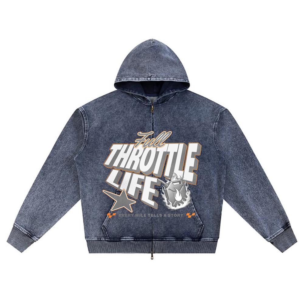 

DTG print Knitted Denim Zip-Up Hoodie Full Throttle Life Brother Print Zipper Hoodies XL