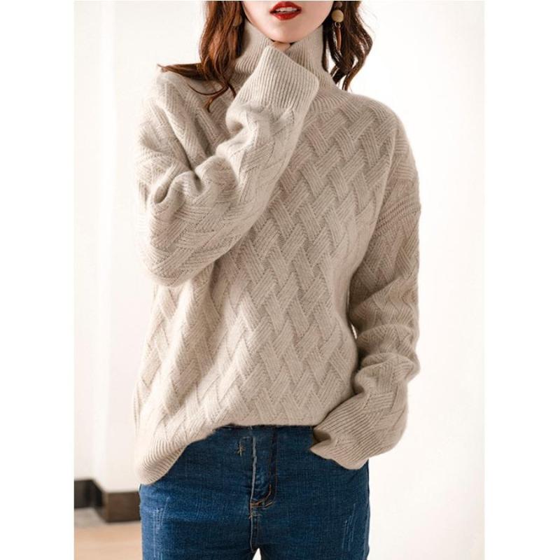 Suéter de Cuello Alto para Mujer Otoño e Invierno Grueso Suelto de Lana Tejido de Manga Larga L albaricoque