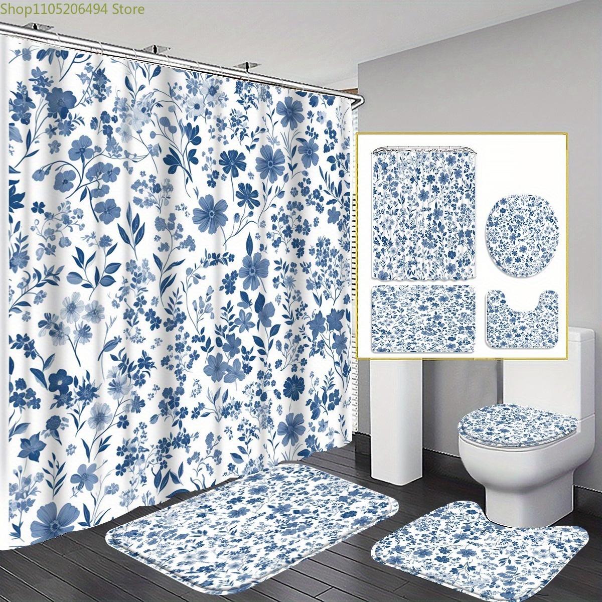 

1/3/4pcs Blue Floral Shower Curtain Bath Set with Bath Mat, U-Shaped Toilet Cover & Lid Cover - Elegant Navy Blue & White Bath 4pcs-Set