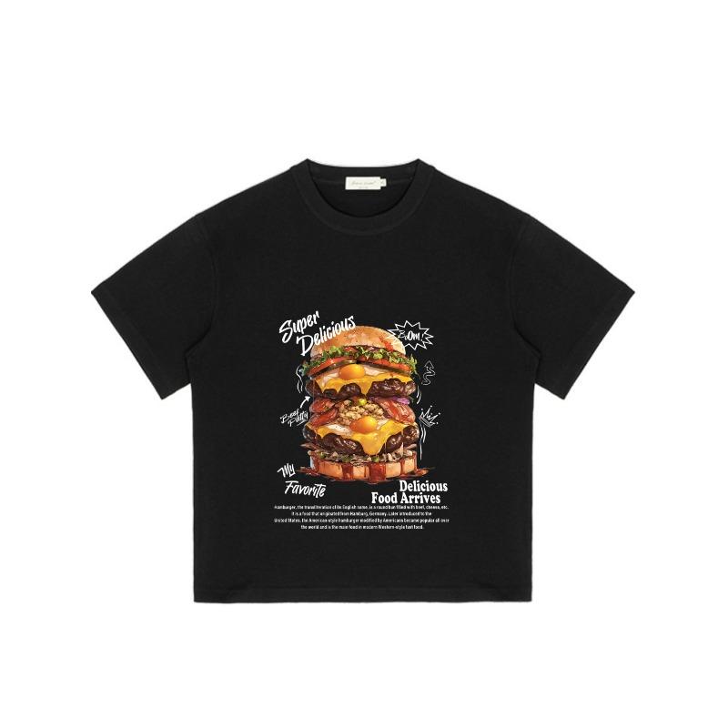 Black T-Shirt with Burger Graphic and Text Print for Casual Wear