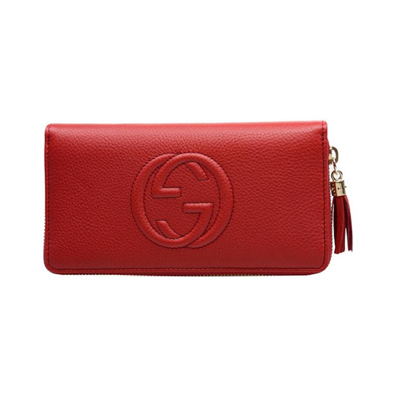 Gucci Soho Logo-Prägung Quastenanhänger Reißverschluss lange Lederbrieftasche Brieftasche Regular Damen Rot Klassische Empfehlung